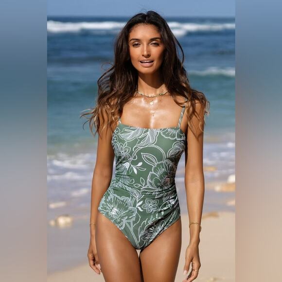 CUPSHE NWT Green & White Floral Print Shirred Cutout One Piece Swim Suit Medium - Picture 2 of 10